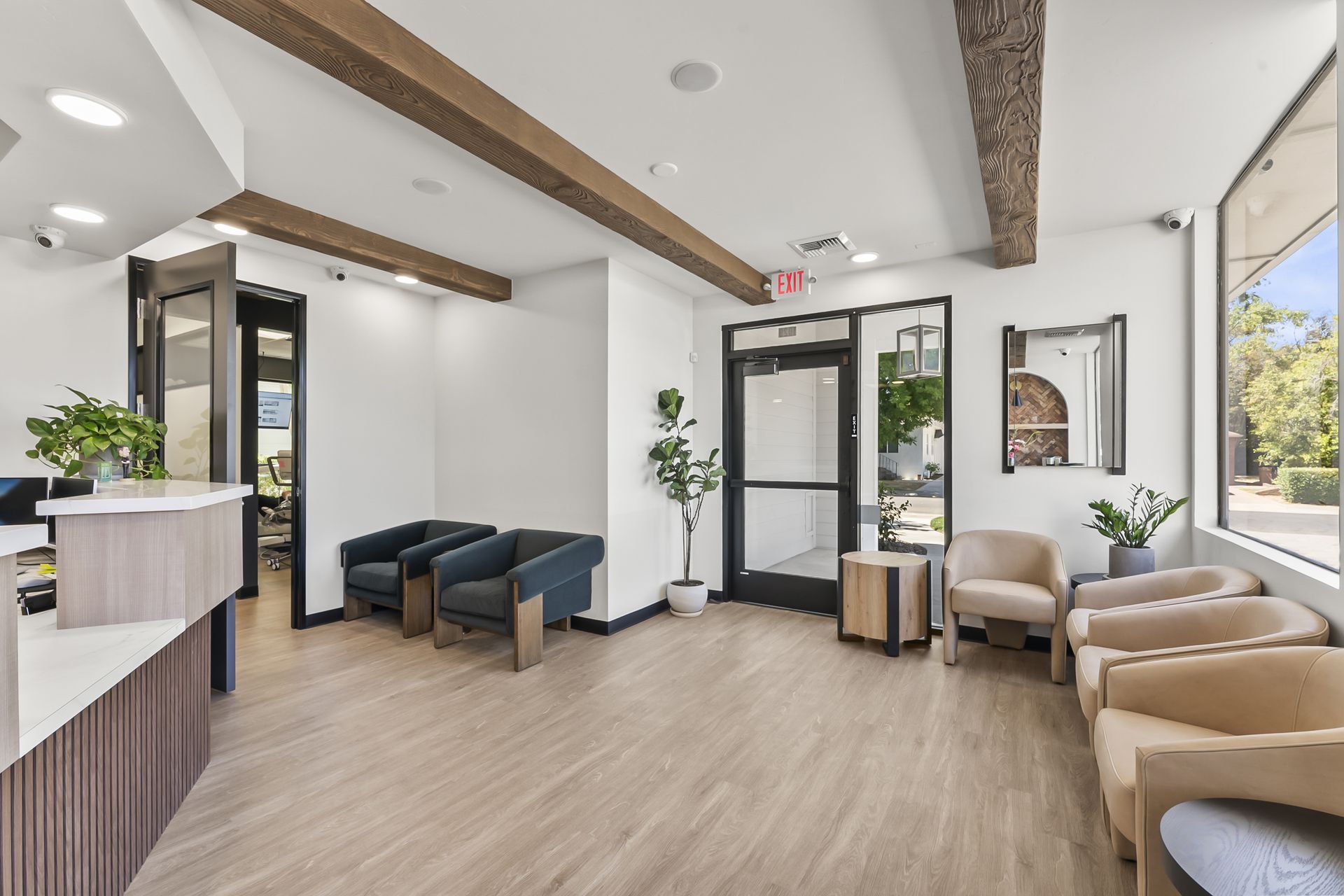 Lounge area with navy and tan seating